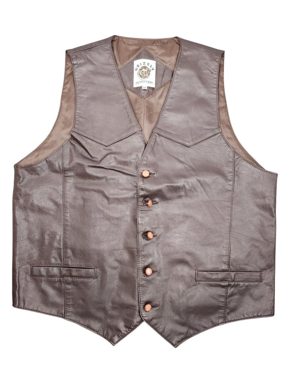 Vintage Men's Grizzly Outfitters Dark Brown Leather Vest Buttons Medium Western